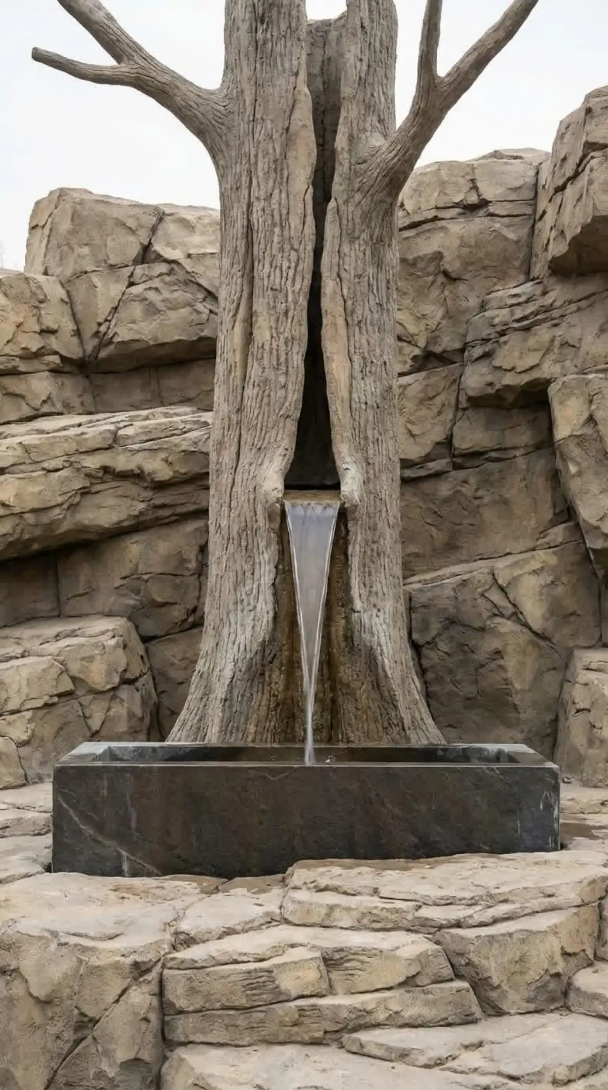Detailed concrete sculpture showing hand-textured faux rock surface and layered strata