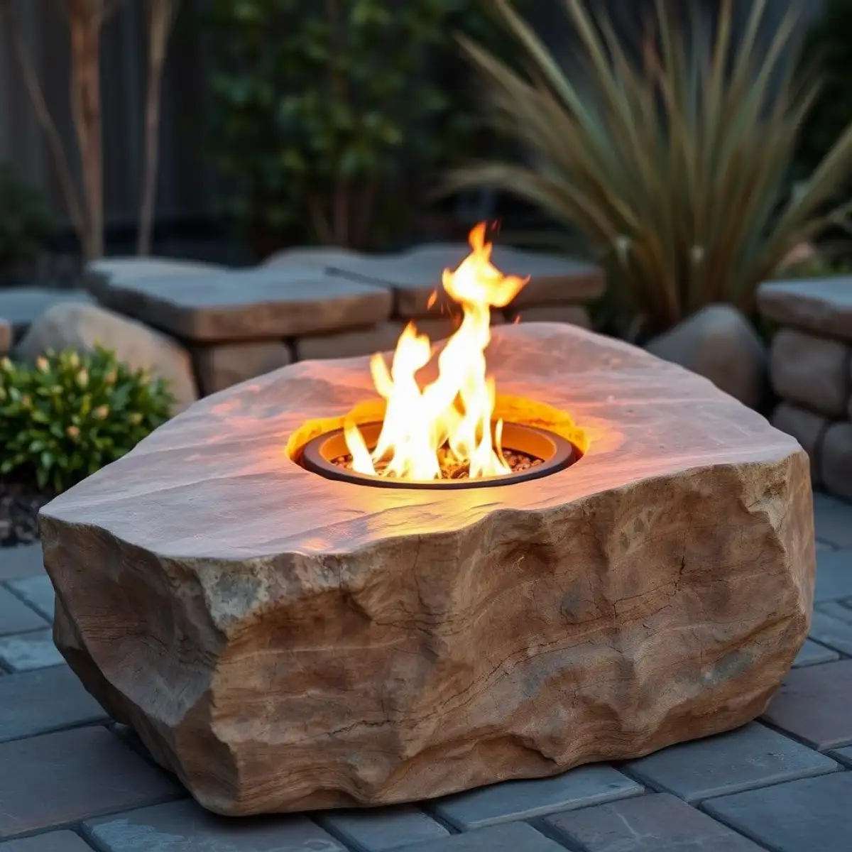 Custom sculpted Fire Rock fire feature with natural flame integration