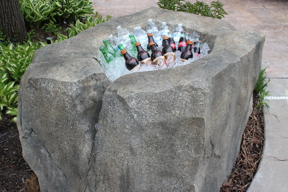 Boulder Legacies signature Ice Rock cooler sculpted from faux rock concrete